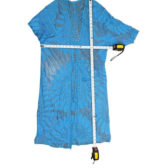 Rebellione Size M /L Long Blue Sheer Cover Up Kimono With Embroidered Floral - Picture 8 of 11